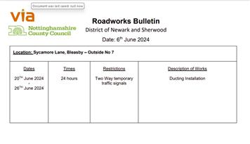 Via Roadworks - 20-26 June Sycamore Lane